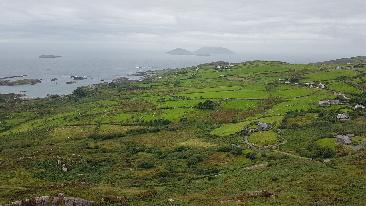 Panoramic view of green fields and the sea.