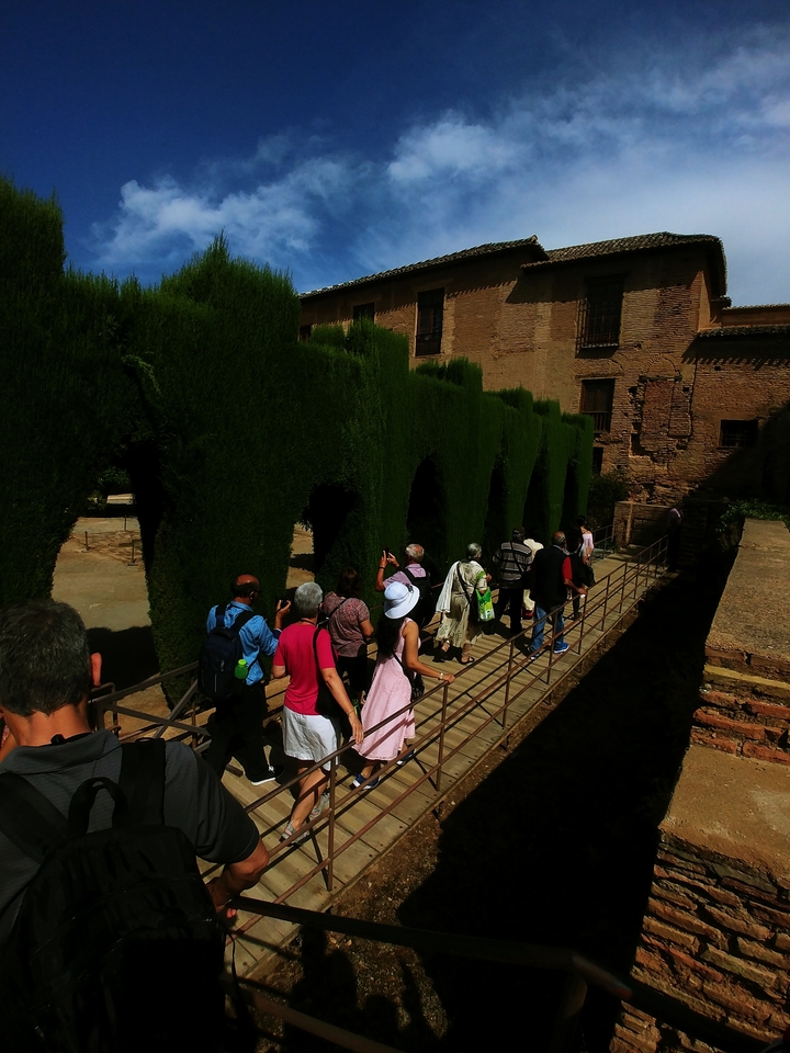 People walking along a pathway next to trimmed hedges and ancient buildings.