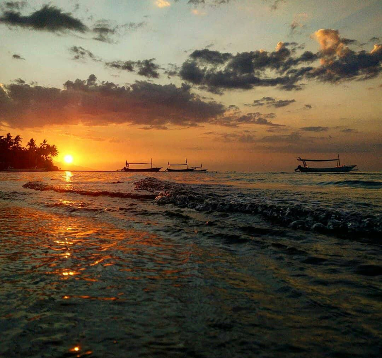 Sunset over the ocean with silhouettes of boats and palm trees.
