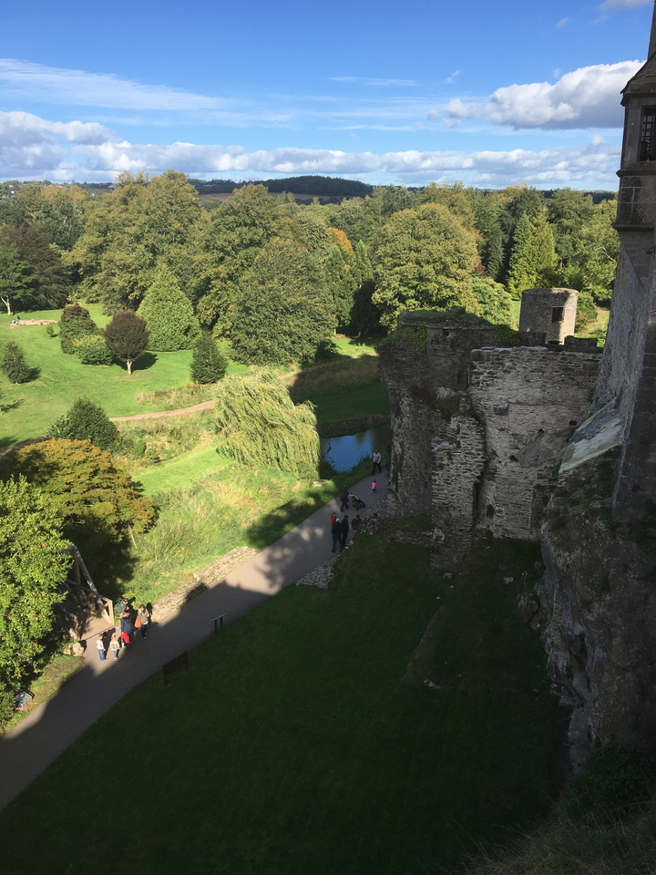 Elevated view of a castle and surrounding landscape