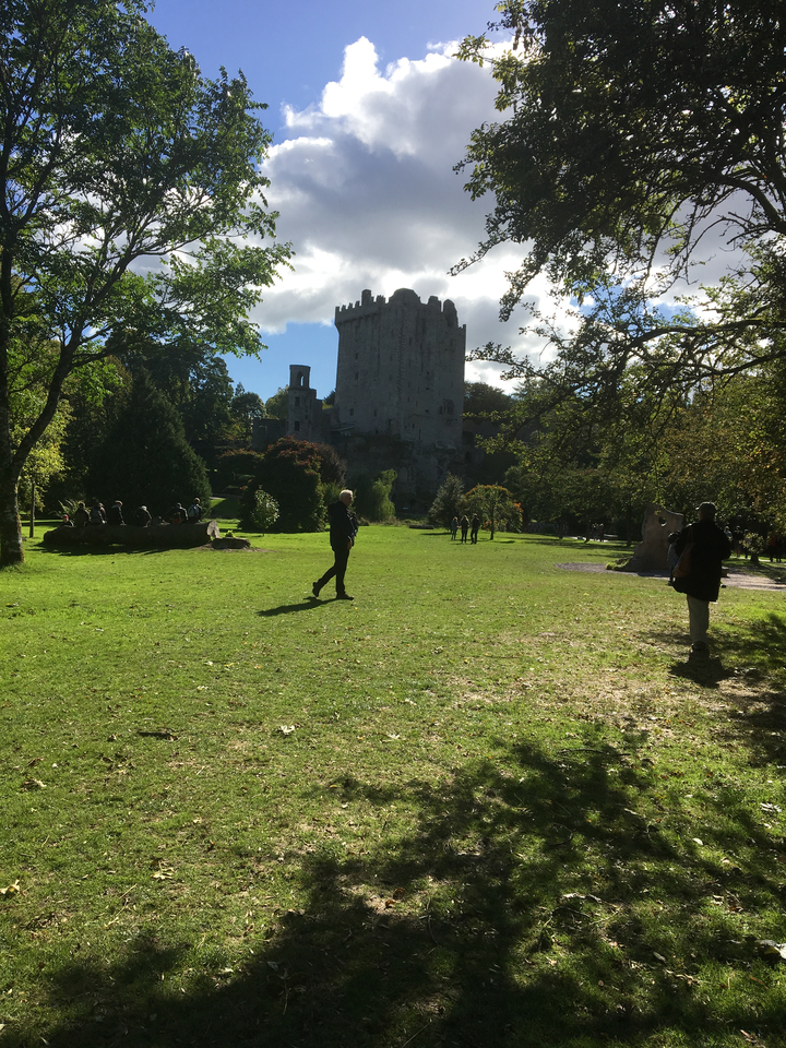 People walking in a lush green park with a castle in the background