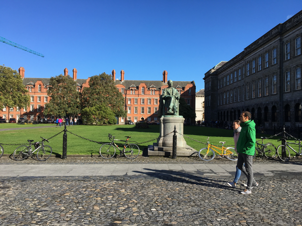 View of an expansive green courtyard with statues and bicycles