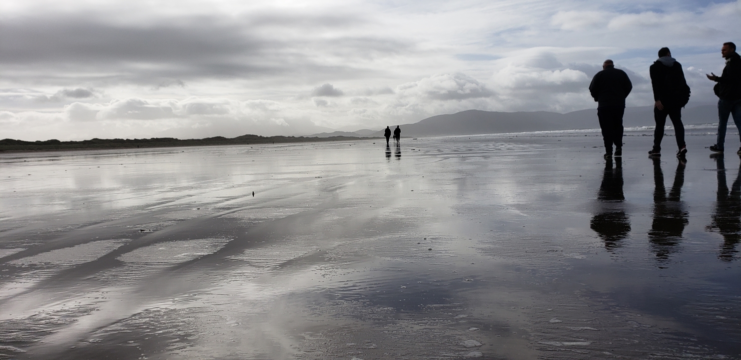 People walking along a reflective beach shoreline.