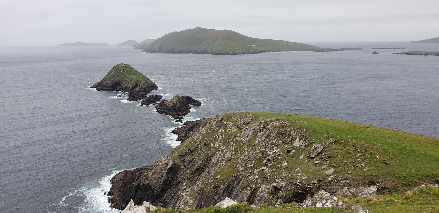 Islands in the ocean viewed from a high vantage point.