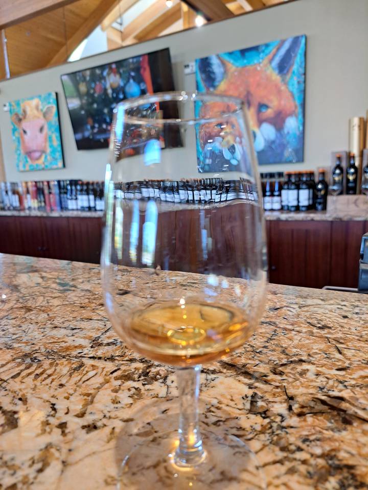 Close-up of a wine glass on a patterned countertop.