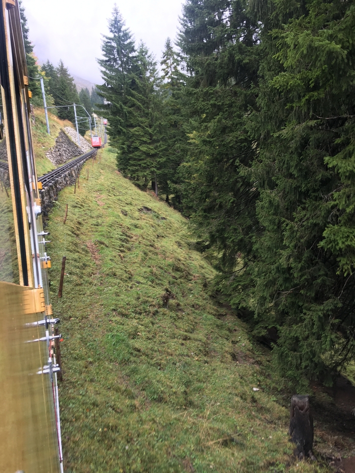 Train on tracks next to a lush, hilly landscape.