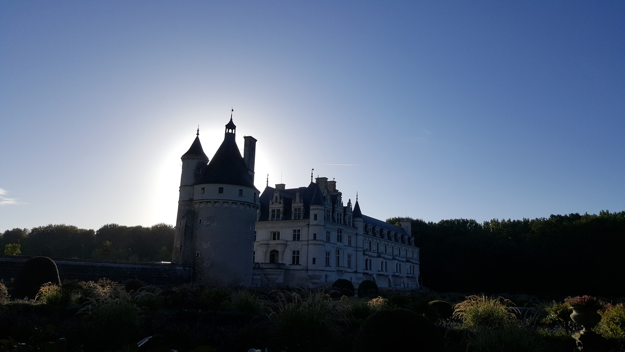Une vue pittoresque d'un château avec une tour proéminente se découpant en silhouette contre le soleil.