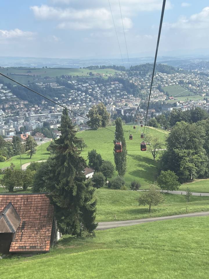 Cable cars descending a hillside with a view of a city.