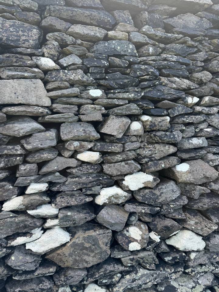 Stone wall with lichen growth and weathered rocks.