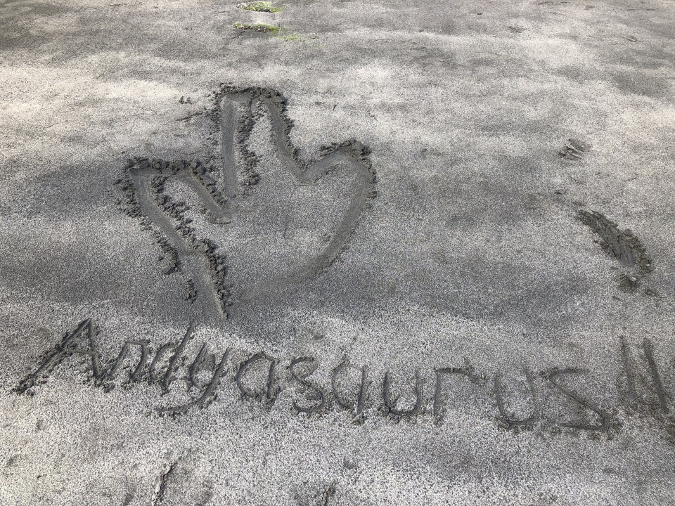 Art de sable avec du texte sur une plage de sable.