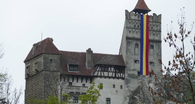 Schloss mit umliegenden Bäumen und einer großen hängenden Flagge.