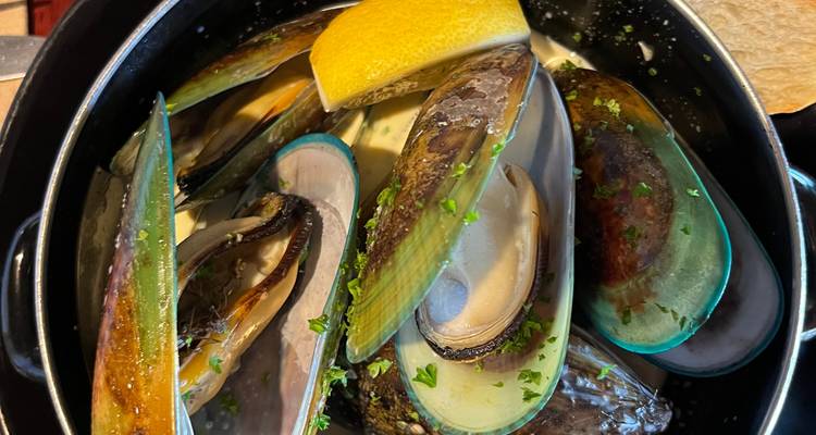 A dish of steamed mussels with a lemon wedge and broth.