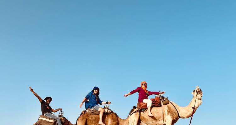 People riding camels under a clear blue sky.