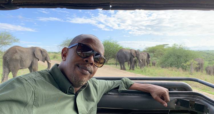 Here's the French translation:

"Homme en safari avec des éléphants visibles en arrière-plan"