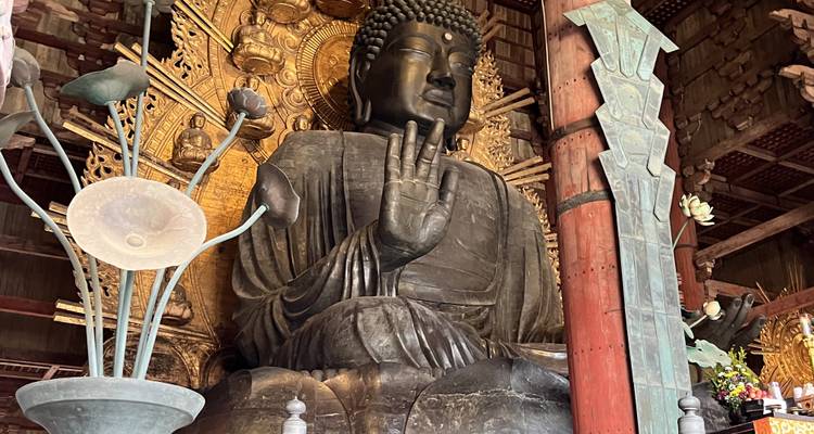 Close-up of the giant bronze Buddha inside Todai-ji temple with ornate golden halo backdrop.