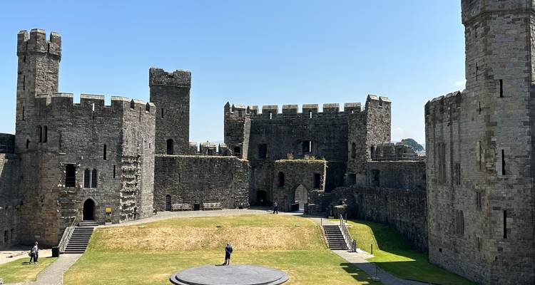 Stone castle with towers in a grassy area.