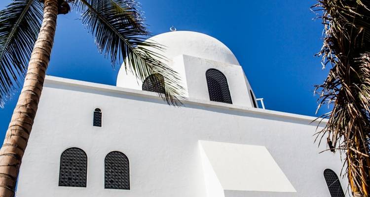Une mosquée blanche avec des palmiers sous un ciel bleu éclatant.
