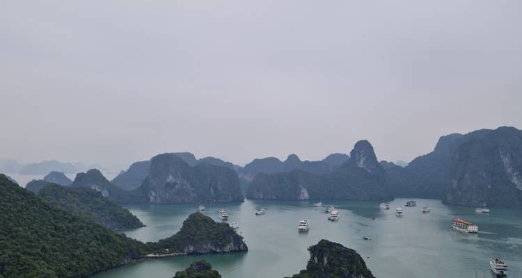 Malerische Aussicht auf die Halong-Bucht mit Kalkstein-Karst und Booten auf dem Wasser.