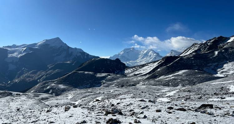 Snow-capped mountains and rugged terrain in the Himalayas.