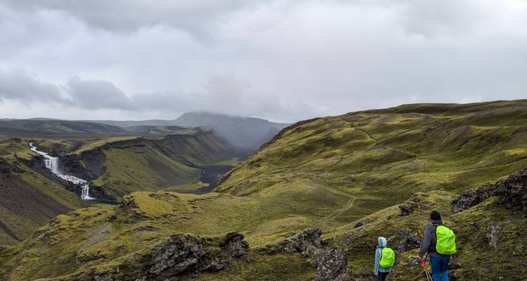 Hikers viewing a waterfall in a vast green landscape.