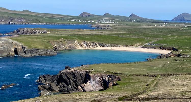 Scenic coastline with green fields and sandy beach.