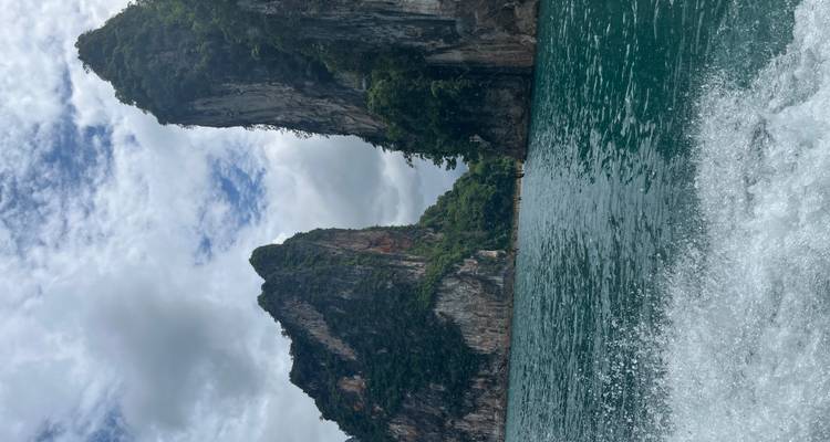 Des formations rocheuses spectaculaires s'élèvent de l'eau avec une végétation luxuriante.