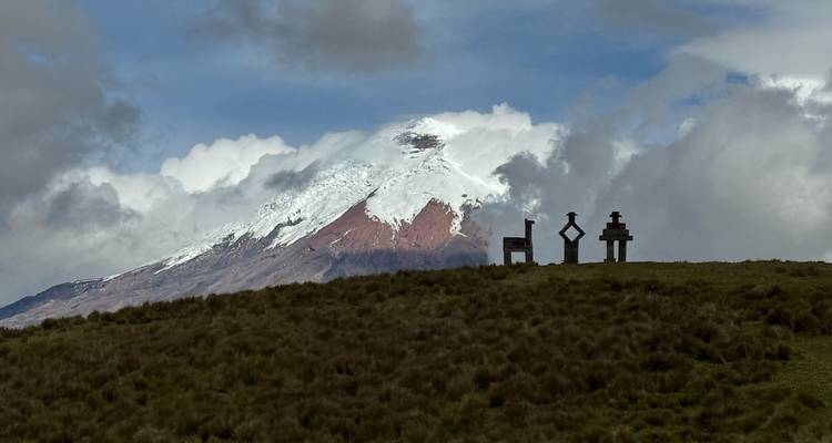 Volcano with snow cap seen from a grassy hill with three sculptures.
