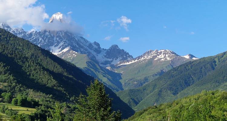 Snow-capped mountains with lush green valley under blue sky.