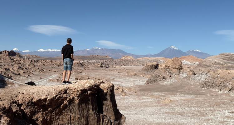 Person, die über ein großes Tal mit fernen Bergen blickt.