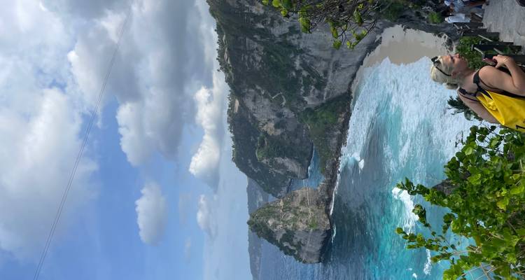 Scenic coastal cliff with lush greenery and a person.
