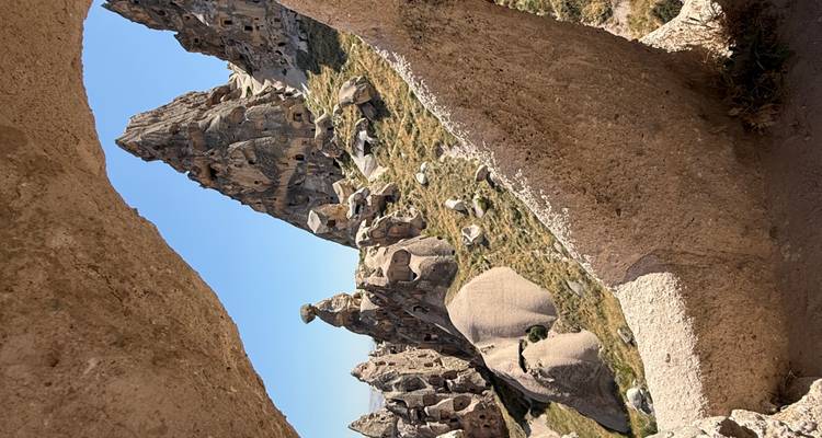 Formations rocheuses uniques vues à travers un cadre naturel.