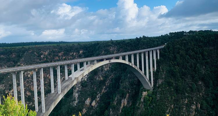 Large arched bridge spanning over a deep gorge.