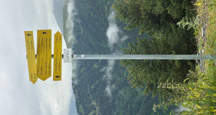 Panneau indicateur de sentier avec vue montagneuse nuageuse.