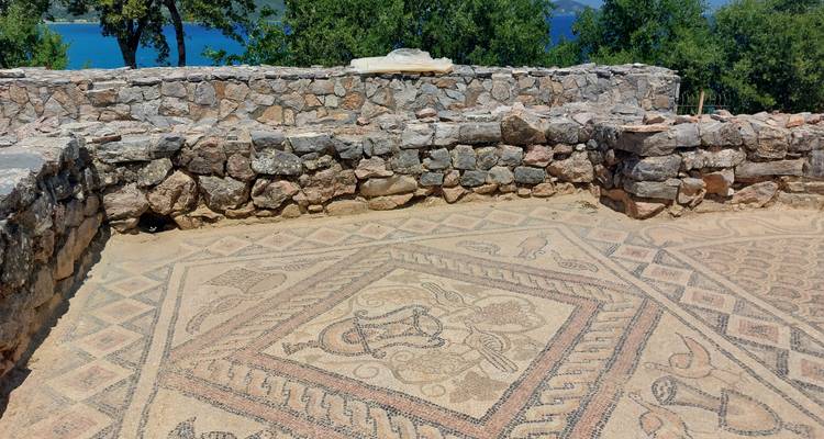 Mosaïque ancienne sur plaques de pierre avec des arbres en arrière-plan.