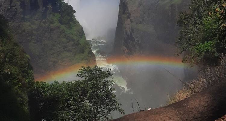 View of Victoria Falls with a rainbow.