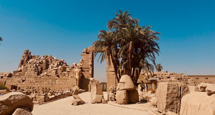 Ruinas de estructuras antiguas con palmeras.
