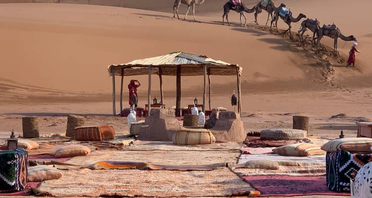 Desert camp with camels and locals in the background.