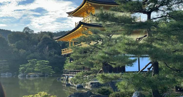 A picturesque view of a traditional Japanese pavilion by a pond with trees.