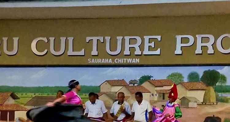 Cultural scene with people in traditional attire performing on stage.