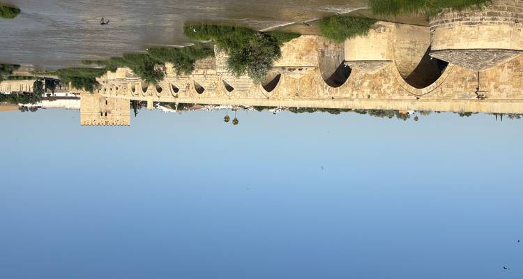 Un ancien pont de pierre sur une rivière avec une porte fortifiée.