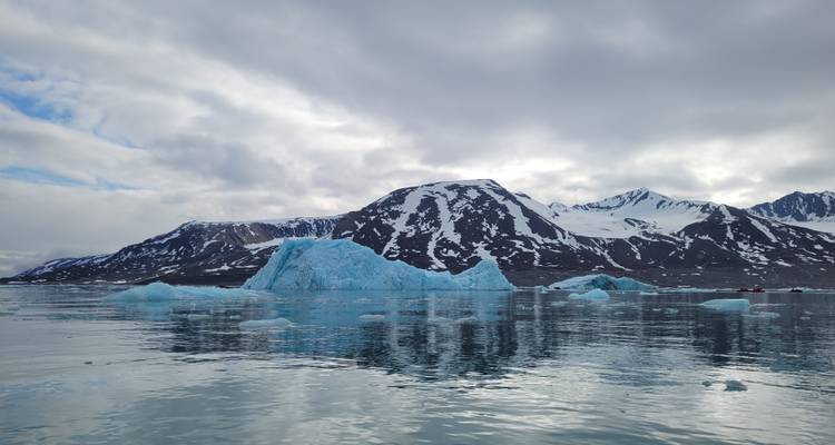 Mountainous landscape with glaciers and water.