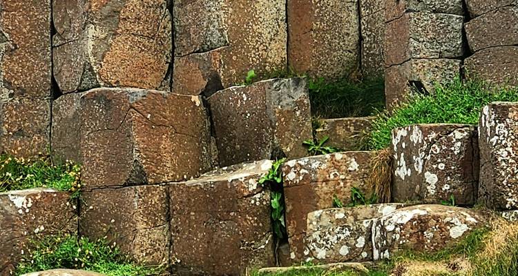 Gros plan de formations rocheuses hexagonales.