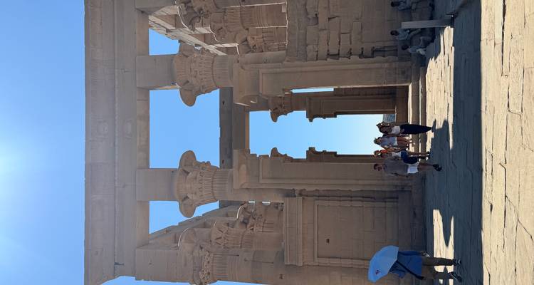Un grupo de turistas dentro de un templo egipcio antiguo con columnas.