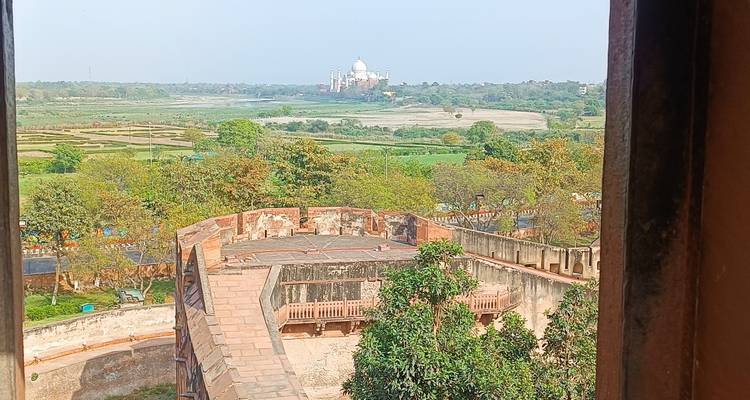 Vue paysagère du Taj Mahal à distance, encadrée par des arbres.