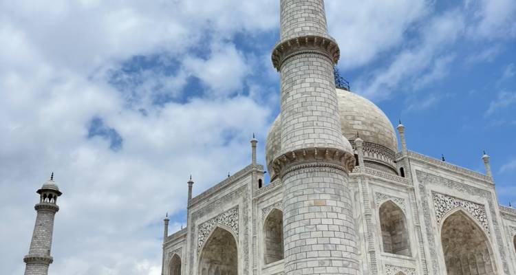 Taj Mahal with a blue sky in the background.