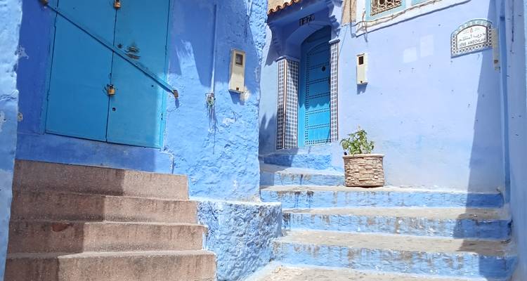 Ruelle peinte en bleu avec des devantures de magasins décorées et des escaliers.
