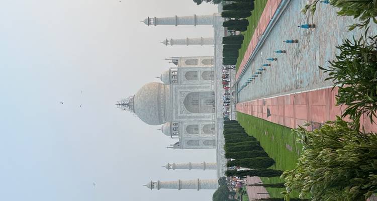 The Taj Mahal with its gardens and reflecting pool.
