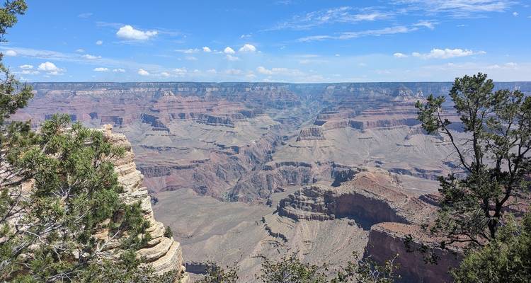 Gran Cañón con formaciones rocosas estratificadas bajo un cielo despejado.