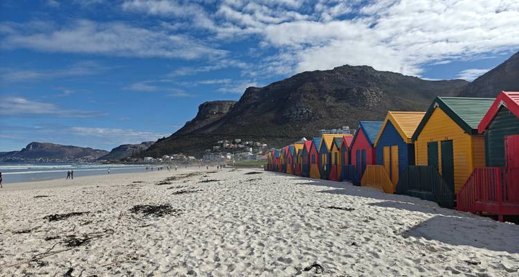 Colorful beach huts along a shoreline with mountains in the background.