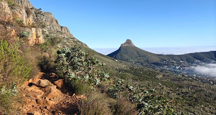 Mountainous hiking trail with views over a city.